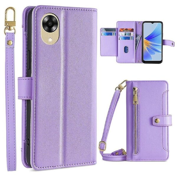 Zipper Pocket Phone Case for Oppo A17k 4G PU Leather Card Slots Phone Stand Cover with Straps