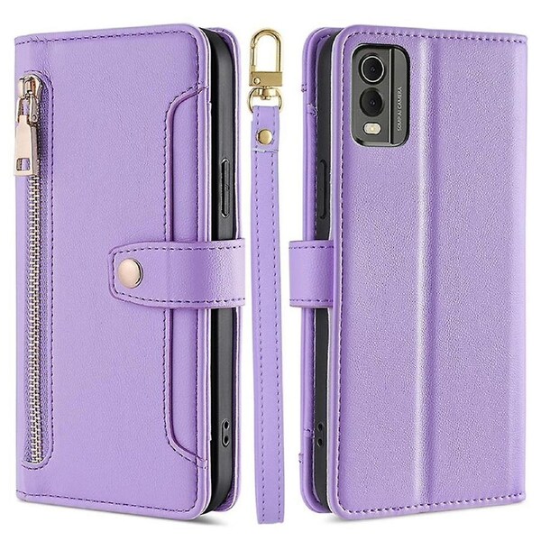 Fall Proof Flip Cover for Nokia C32 Zipper Pocket Stand Wallet Leather Phone Case with 2 Straps