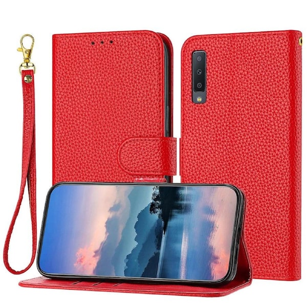 For Samsung Galaxy A7 2018 /A750 Case, Litchi Grain PU Leather Folio Cover ic Closure Flip Wallet Card Slots Stand Case With Hand Strap,Brown