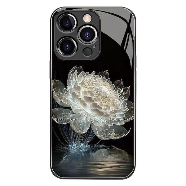 For iPhone 12 Pro Tempered Glass Back Cover Epiphyllum Pattern TPU Bumper Shockproof Phone Case