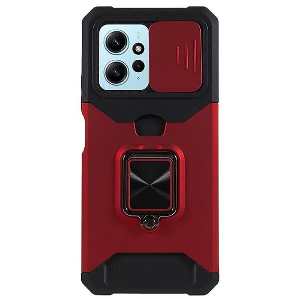 For Xiaomi Redmi Note 12 4G PC+TPU Kickstand Case Slide Lens Protection Phone Cover with Card Holder