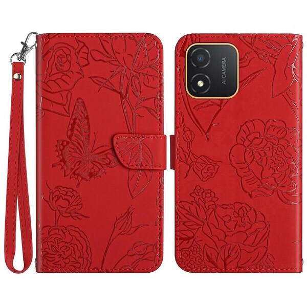 HT03 Butterfly Flowers Phone Case for Honor X5 4G ,PU Leather Stand Wallet Cover with Handy Strap