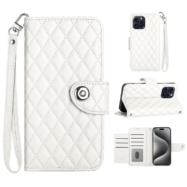 YB Imprinting Series-8 for iPhone 15 Pro Max Leather Case 7 Card Slots Phone Cover with Hand Strap
