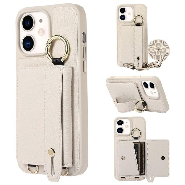 Fall-proof Cover for iPhone 11 6.1 inch Card Holder Hand Strap Leather+TPU Phone Kickstand Case