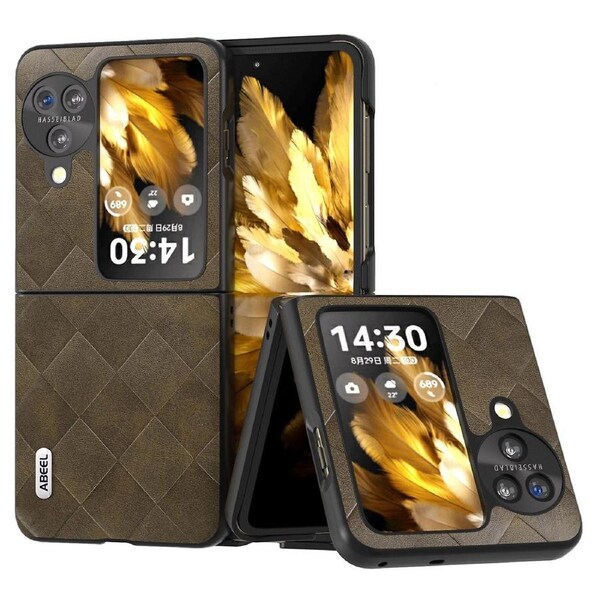 ABEEL For Oppo Find N3 Flip 5G Folding Phone Case PU Leather Coated PC+TPU Grid Texture Phone Cover