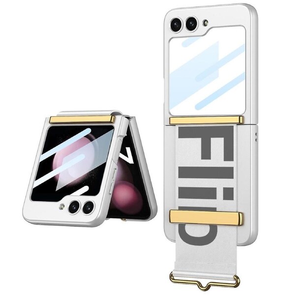 For Samsung Galaxy Z Flip5 5G PC Ultra-Thin Case Wrist Band Phone Cover with Tempered Glass Small Sc