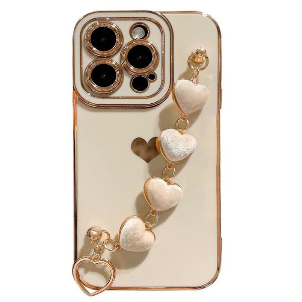 For iPhone 14 Pro Max Electroplating Phone Case Soft TPU Back Cover with Plush Love-Heart Strap
