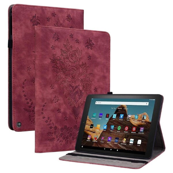 For Amazon Fire HD 10 (2023) Tablet Case Card Holder Butterfly Rose Imprinted PU Leather Cover