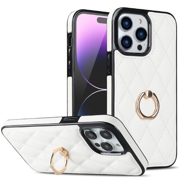 For iPhone 14 Pro Ring Holder Phone Case Coated TPU Rhombus Grid Pattern Imprinted Back Cover