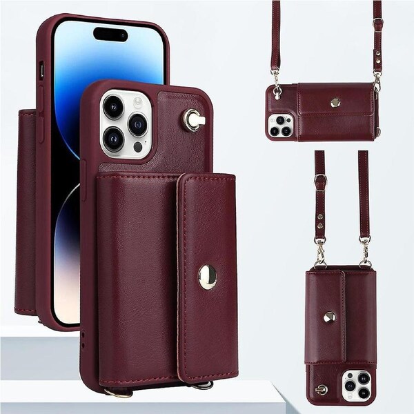 For iPhone 14 Pro ic Button Card Bag Phone Cover PU Leather+TPU Case with Crossbody Strap
