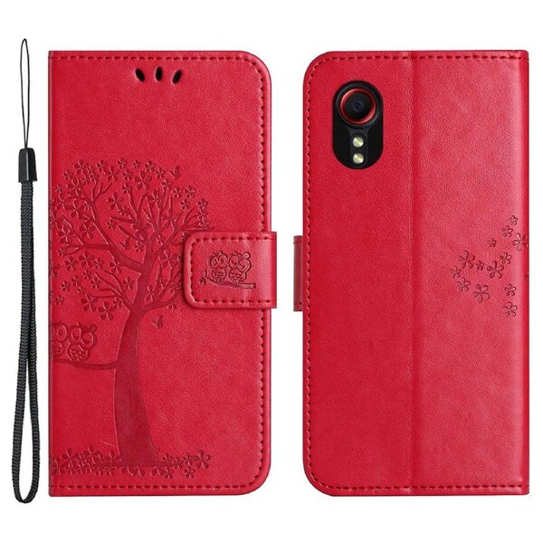 For Samsung Galaxy Xcover 7 Cell Phone Case Owl Tree Imprinted Leather Folding Stand Cover