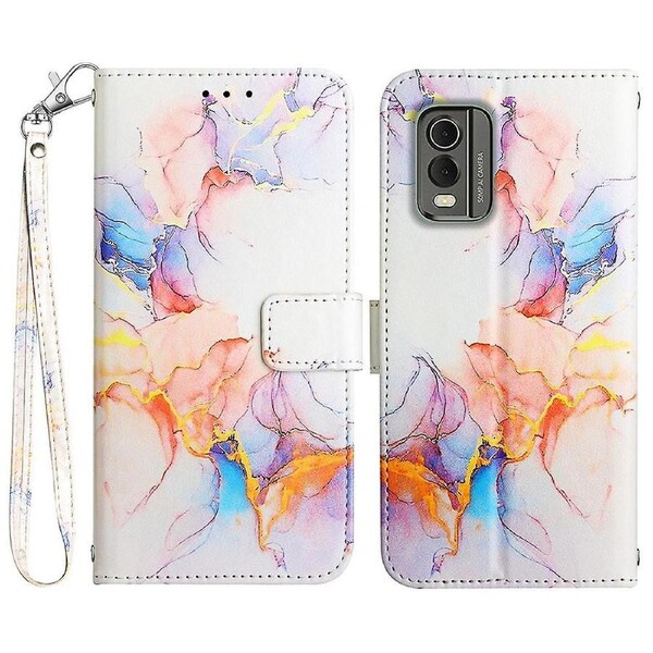 For Nokia C32 (TA-1534) Marble Pattern Phone Case Wallet Stand Cover with Strap