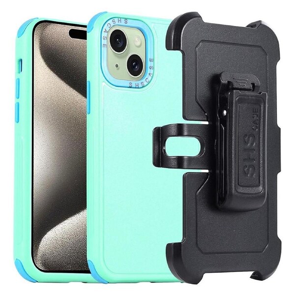 For iPhone 15 Plus Belt Clip Holster Case Dual Layer TPU+PC Kickstand Shockproof Cell Phone Cover