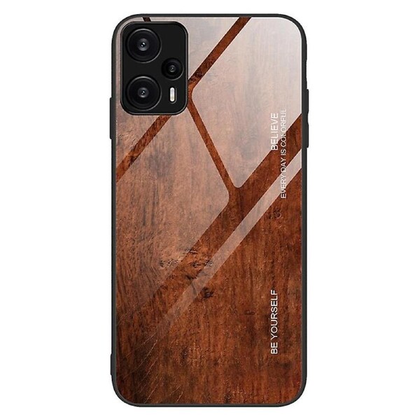For Xiaomi Redmi Note 12 Turbo/Poco F5 5G Wooden Phone Case TPU Frame Tempered Glass Back Cover