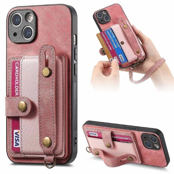 For iPhone 15 Pro Card Holder Stand Phone Case Cell Phone Protective Cover with Hand Strap