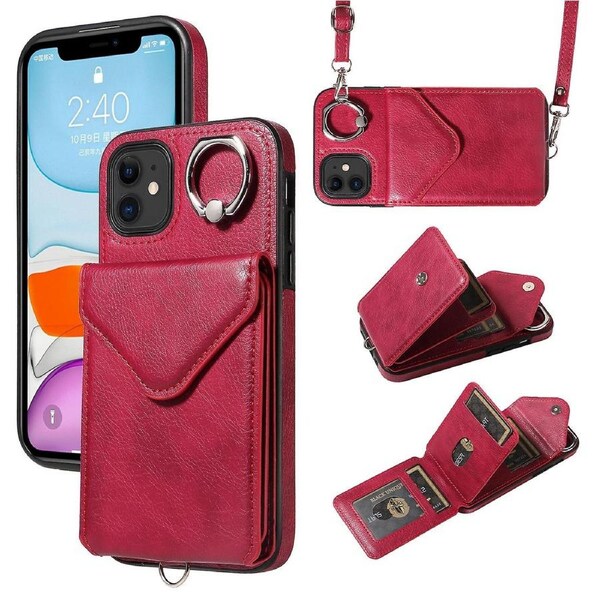 005 For iPhone 11 Crossbody Phone Case PU Leather+TPU Ring Kickstand Cover