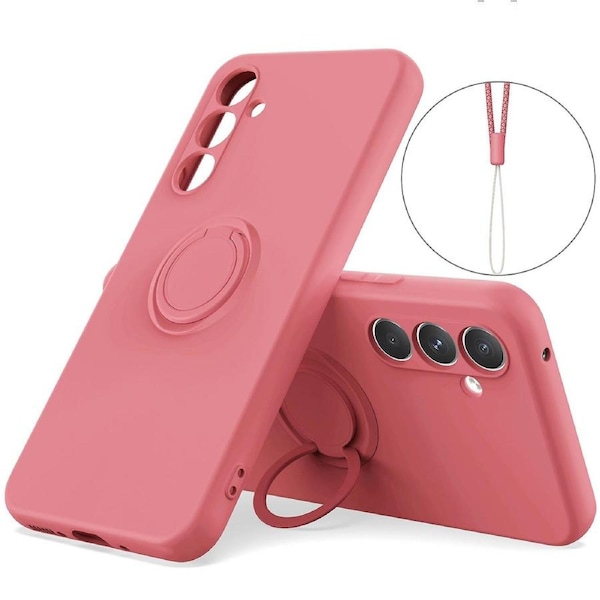 For Samsung Galaxy A34 5G Liquid Silicone Protective Cover Ring Kickstand Phone Case with Wrist Rope
