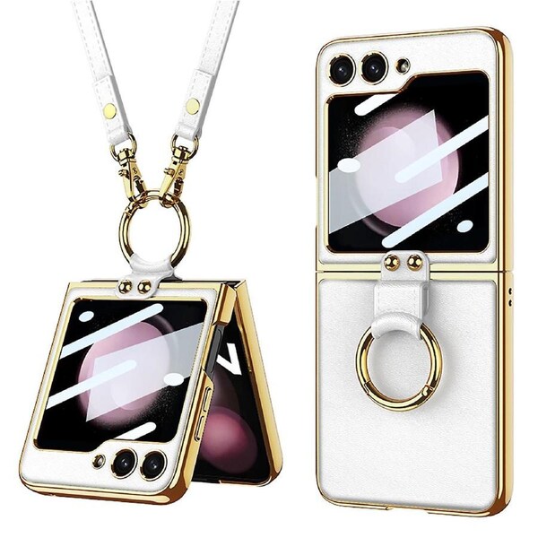 For Samsung Galaxy Z Flip5 5G Phone Case Cover with Small Screen Film and Shoulder Strap