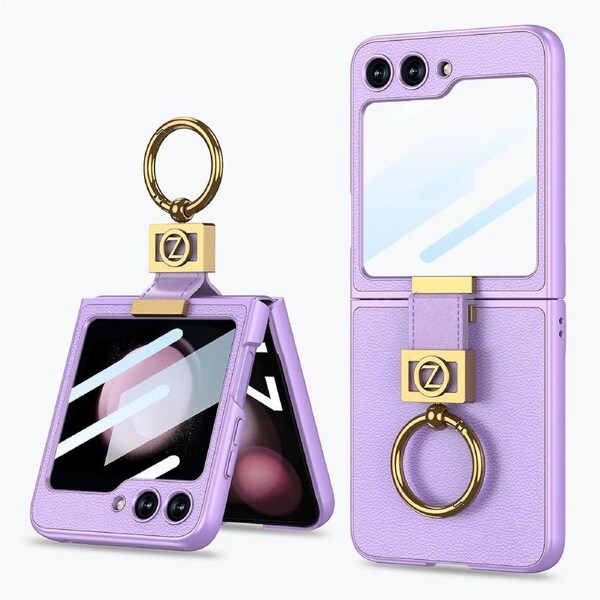 For Samsung Galaxy Z Flip5 5G Slim Phone Cover Hard PC+PU Metal Z Letter Case with Small Screen Film