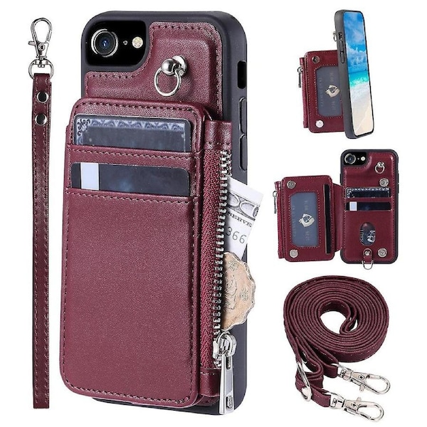 For iPhone 6/6s/7/8/SE (2020)/SE (2022) Back Shell Zipper Wallet Case Phone Cover with Straps