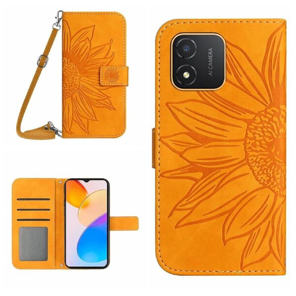 For Honor X5 4G HT04 Sunflower Pattern PU Leather Cover Stand Wallet Phone Case with Shoulder Strap