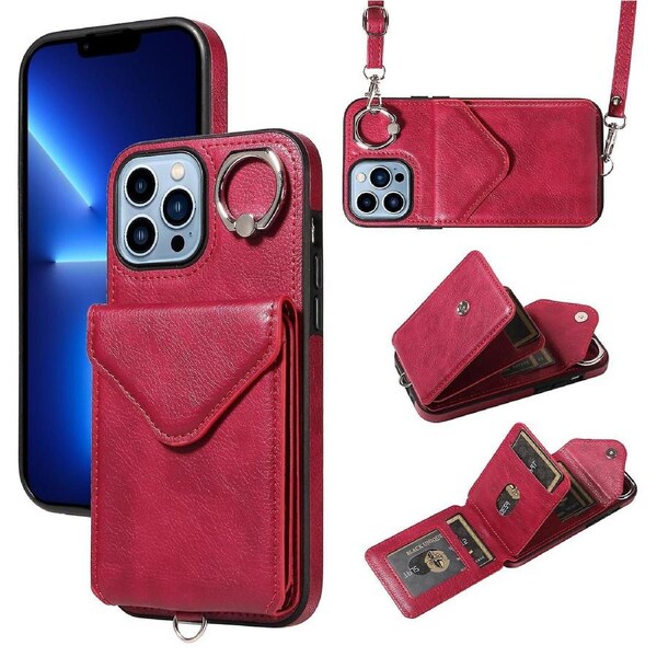 005 For iPhone 13 Pro Phone Case Card Holder Kickstand Cover with Finger Ring