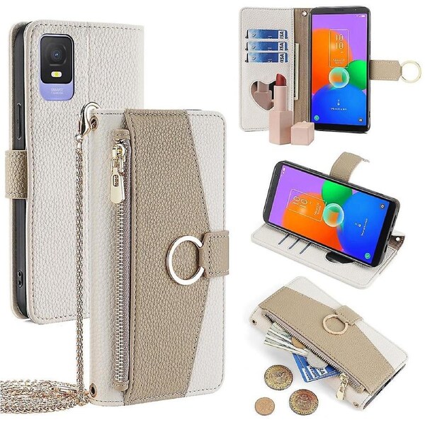 For TCL 403 Case PU Leather Stand Wallet Crossbody Phone Cover with Shoulder Strap
