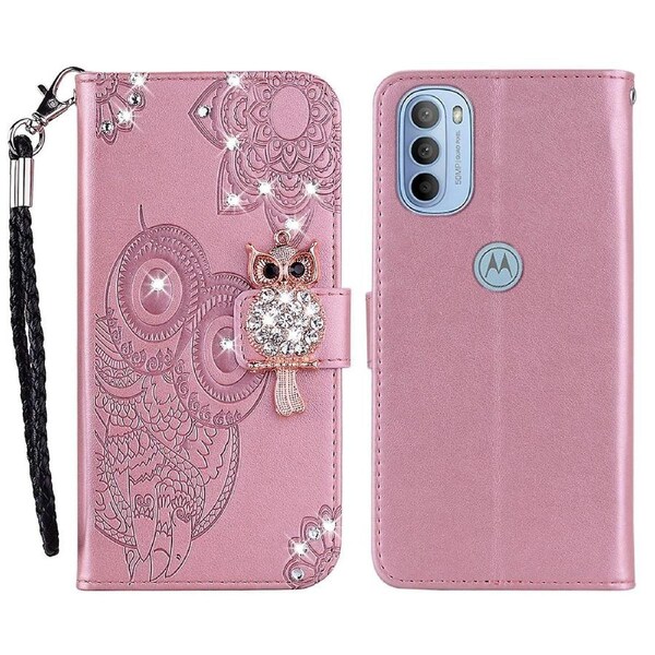 Rhinestone Decor Shell Wallet Imprinting Phone Case Cover with Strap for Motorola Moto G31 4G/G41 4G