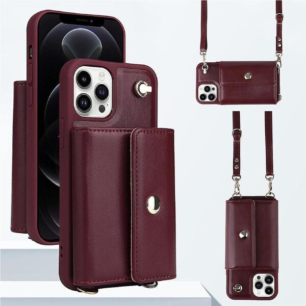 For iPhone 12 Pro 6.1 inch Leather+TPU Case ic Button Card Bag Phone Cover with Shoulder Strap