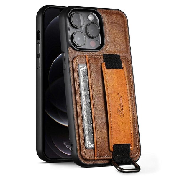 H13 Phone Kickstand Case for iPhone 12 Pro Max Card Holder Leather Coated Hand Strap Phone Cover