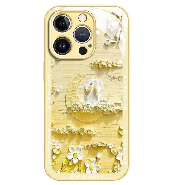 For iPhone 12 Pro 6.1 inch Fall Proof Back Cover Moon and Oil Painting Tempered Glass+TPU Phone Case