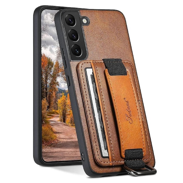 H13 For Samsung Galaxy S22 5G Card Holder Leather Coated Case with Hand Strap Kickstand Phone Cover