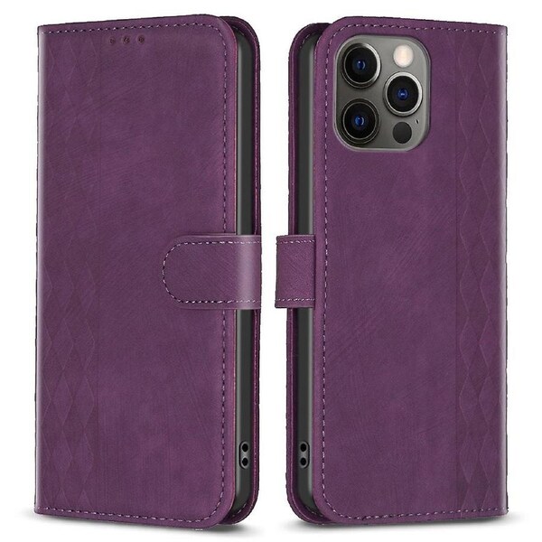 For iPhone 12/12 Pro 6.1 inch ic Clasp Imprinting Grid Pattern Stand Cover Phone Wallet Case