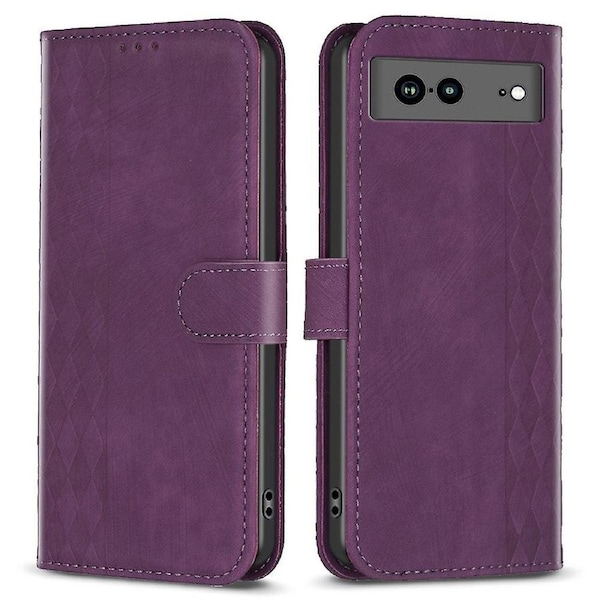 Shockproof Phone Case for Google Pixel 7a Wallet Shell Imprinting Grid Pattern Stand Cover