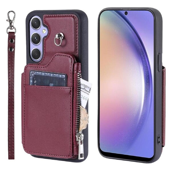 009 Phone Case for Samsung Galaxy A54 5G,PU+TPU Cover Kickstand Zipper Wallet Shell with Strap