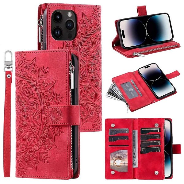 For iPhone 15 Pro Mandala Flower Imprinted Leather Case Card Slots Zipper Pocket Stand Phone Cover