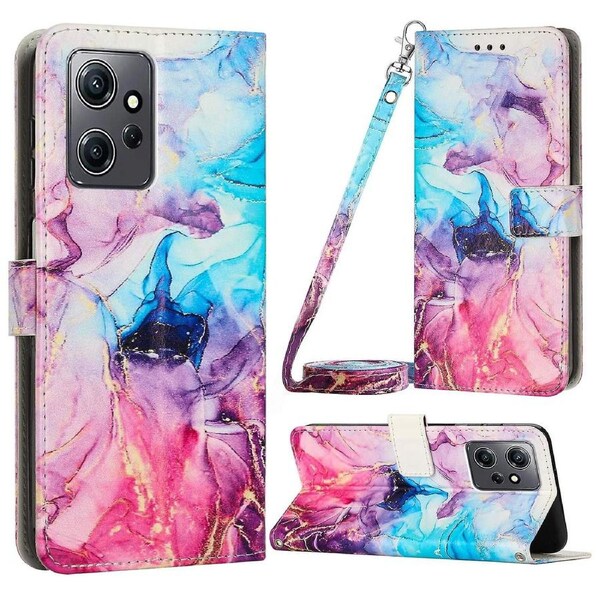 For Xiaomi Redmi Note 12 4G Marble Pattern Case Stand Wallet Flip Phone Cover with Shoulder Strap
