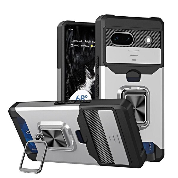For Google Pixel 7a Card Holder Kickstand Phone Case Pc+tpu Hybrid Cover With Slide Camera Lid