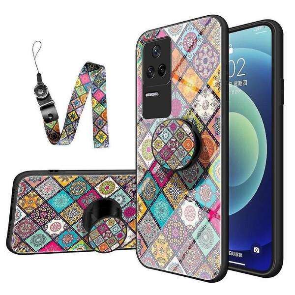 For Xiaomi Poco F4 5g / Redmi K40s 5g Well-protected Anti-scratch Flower Pattern Back Cover Tempered Glass + Hard Pc + Soft Tpu Phone Case With Lanyar