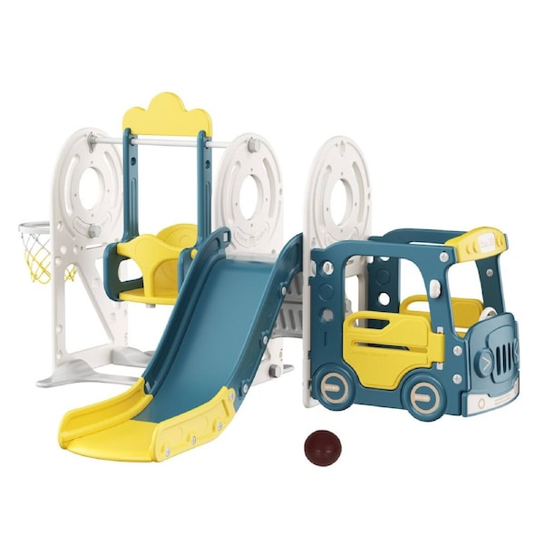 5 in 1 Slide Swing Set Kids Ladder Climber Steps Basketball Hoop Bus Playhouse Playground Activity Centre Indoor Outdoor Toy Playset
