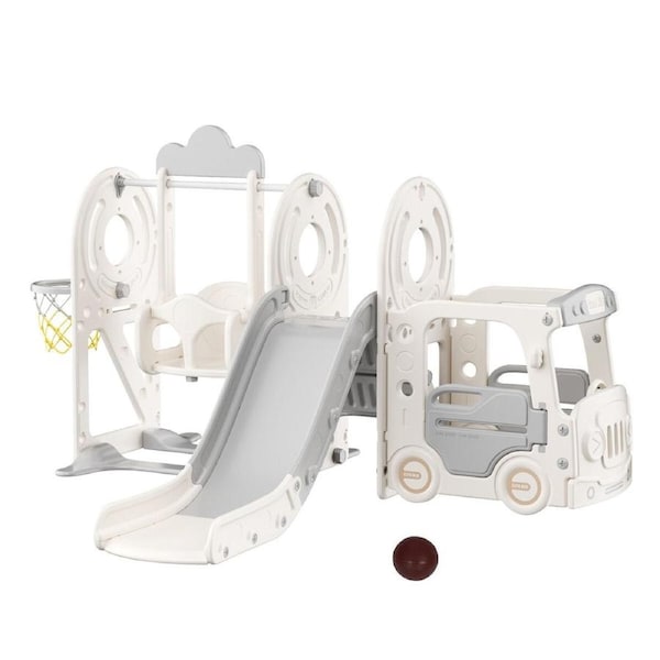5 in 1 Slide Swing Set Kids Ladder Climber Steps Bus Playhouse Basketball Hoop Playground Activity Centre Playset Indoor Outdoor Toy