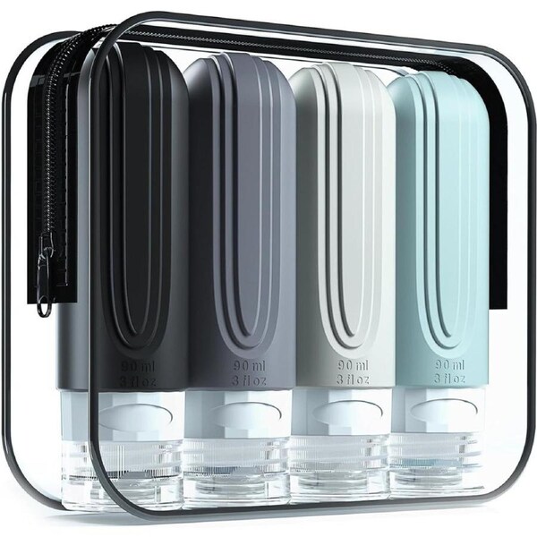 (4 Pack) Mrsdry Travel Bottles for Toiletries, Tsa Approved 3oz Travel Size Containers BPA Free Leak Proof Refillable Liquid Silicone Squeezable Travel Accessories for Shampoo Conditioner Lotion