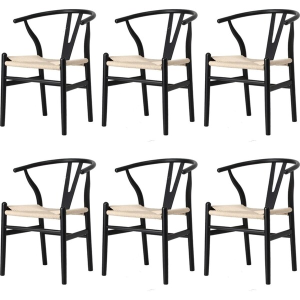 Oikiture 6x Dining Chair Wooden Hans Wegner Chair Wishbone Cafe Lounge Seat Black