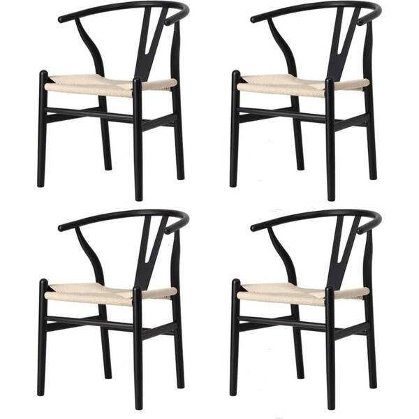 Oikiture 4x Dining Chair Wooden Hans Wegner Chair Wishbone Cafe Lounge Seat Black