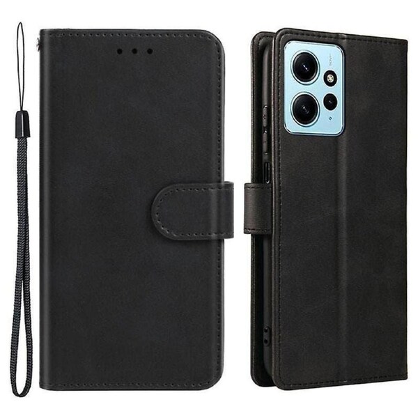 For Xiaomi Redmi Note 12 4g Calf Texture Leather Phone Case Cell Phone Wallet Stand Cover With Strap