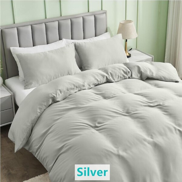 LINENOVA 100% Bamboo Quilt Cover Set All Seasons Luxury Soft Doona Cover Sets 5 size 8 colors Silver / Single