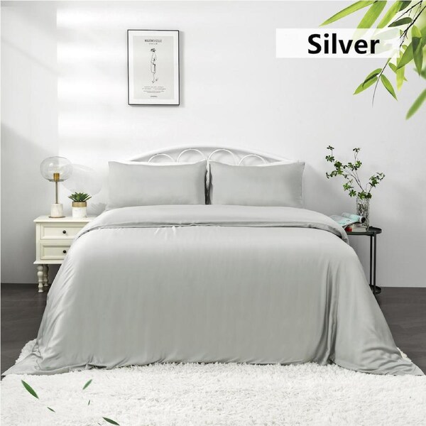 LINENOVA 100% Organic Bamboo Quilt Cover Sets Hypo-Allergenic Cooling Breathable Luxury Doona/Duvet Cover Sets Silver / Queen