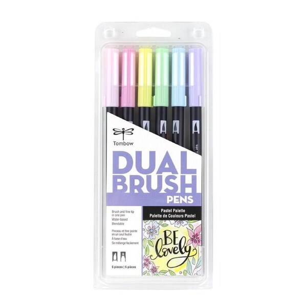 6pc Tombow Dual Brush/Fine Pen Marker Water-Based Sketching/Drawing Set Pastel