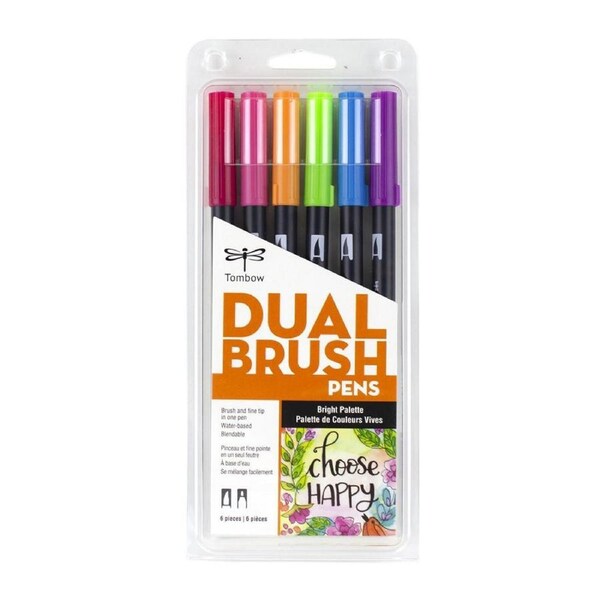 6pc Tombow Dual Brush/Fine Pen Marker Water-Based Sketching/Drawing Set Bright