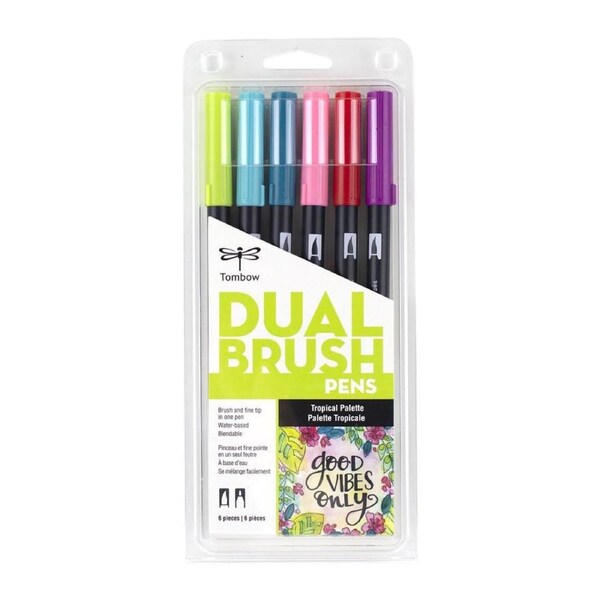 6pc Tombow Dual Brush/Fine Pen Marker Water-Based Sketching/Drawing Set Tropical